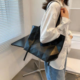 Women Tote Bag Plaid PU Leather Large Striped Handbag Shoulder Bags