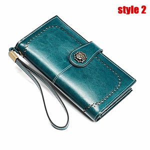 Women Wallet Oil Wax Leather Retro Long Wallet Large Capacity Clutch