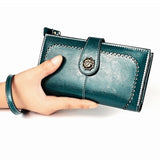 Women Wallet Oil Wax Leather Retro Long Wallet Large Capacity Clutch