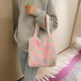 Winter Fabric Shoulder Tote Bag Fluffy Fur Flower Handbag Large Capacity