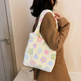 Winter Fabric Shoulder Tote Bag Fluffy Fur Flower Handbag Large Capacity
