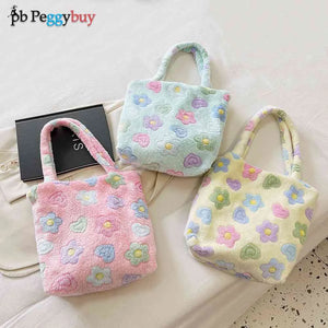 Winter Fabric Shoulder Tote Bag Fluffy Fur Flower Handbag Large Capacity