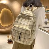 Women Backpack Harajuku Plaid Cotton Linen School Bag Casual Travel Book Bags