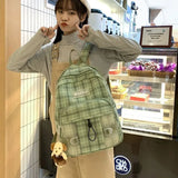 Women Backpack Harajuku Plaid Cotton Linen School Bag Casual Travel Book Bags