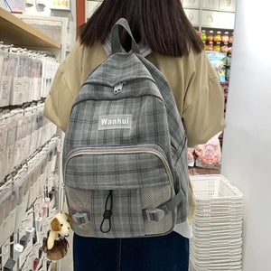 Women Backpack Harajuku Plaid Cotton Linen School Bag Casual Travel Book Bags