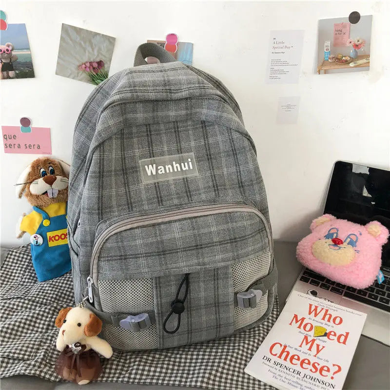 Women Backpack Harajuku Plaid Cotton Linen School Bag Casual Travel Book Bags