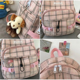 Women Backpack Harajuku Plaid Cotton Linen School Bag Casual Travel Book Bags