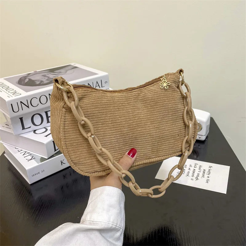 Women's Corduroy Shoulder Bag Underarm Handbag