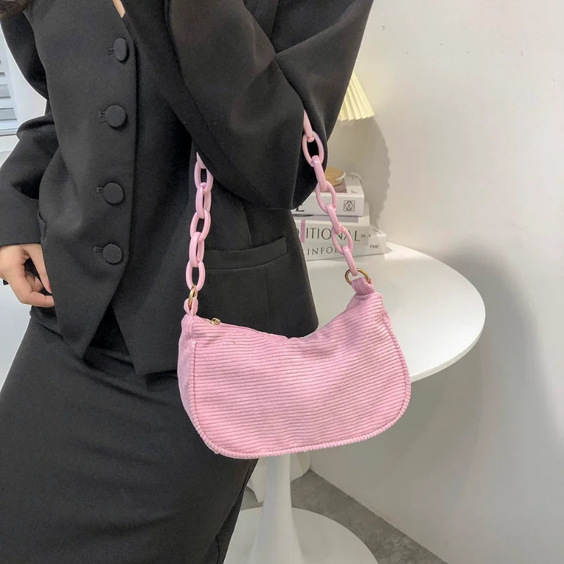 Corduroy Retro Shoulder Bag Chain Handbag for Daily Use