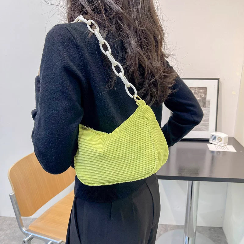 Corduroy Retro Shoulder Bag Chain Handbag for Daily Use