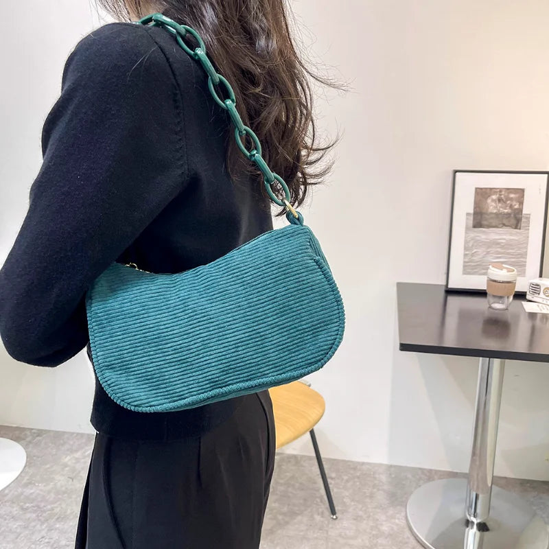 Corduroy Retro Shoulder Bag Chain Handbag for Daily Use