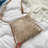 Women's Lace Straw Bucket Handbag Embroidered Messenger Bag