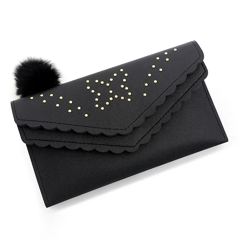 Women's Lace Double Cap Wool Ball Long Wallet