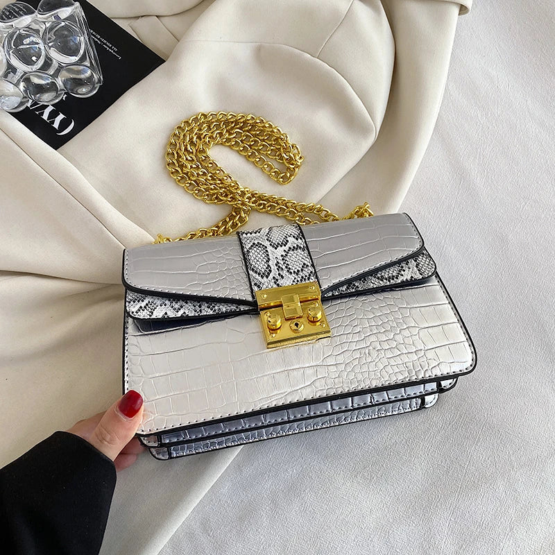 Crocodile Crossbody Small Square Women Bag, Chains Messenger Bag