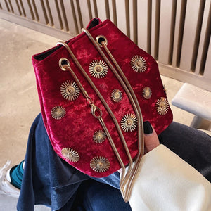 Velvet Bucket Bag Golden Chain Crossbody Tote