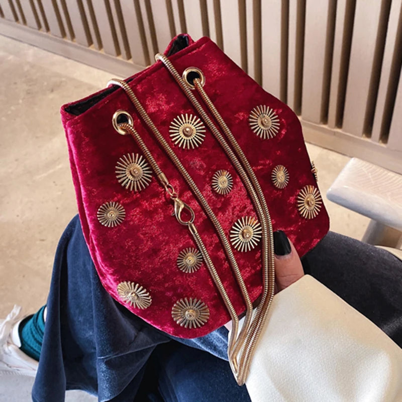Velvet Bucket Bag with Chain Strap