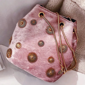 Velvet Bucket Bag Golden Chain Crossbody Tote