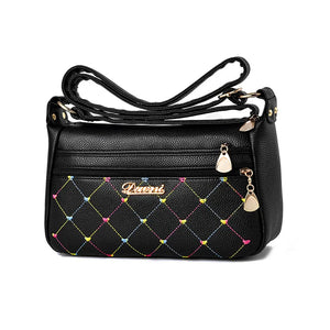 Women's Embroidery Thread Shoulder Messenger Bag Soft Leather Multi-layer Bag