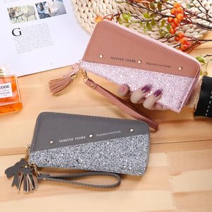 Sequins Patchwork Letter Wallets PU Leather Tassel Rivet Clutch Bag