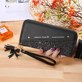 Sequins Patchwork Letter Wallets PU Leather Tassel Rivet Clutch Bag