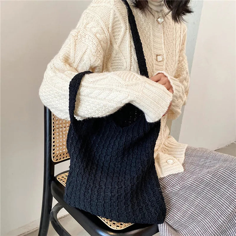 Vintage Knitted Shoulder Bag for Women Large Handbag