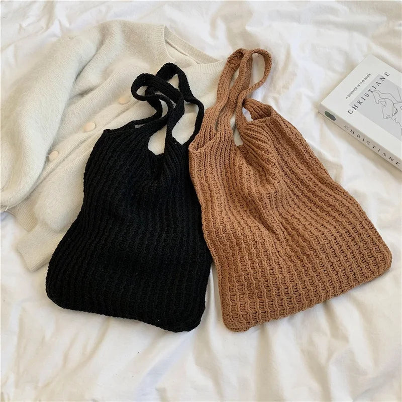 Vintage Wool Knitted Women's Shoulder Bag Large Handbag