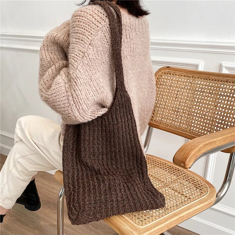 Vintage Knitted Shoulder Bag for Women Large Handbag