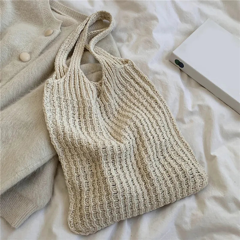 Vintage Knitted Shoulder Bag for Women Large Handbag