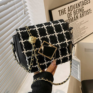 Woolen Tweed Shoulder Bag Women Chain Crossbody Winter Handbag