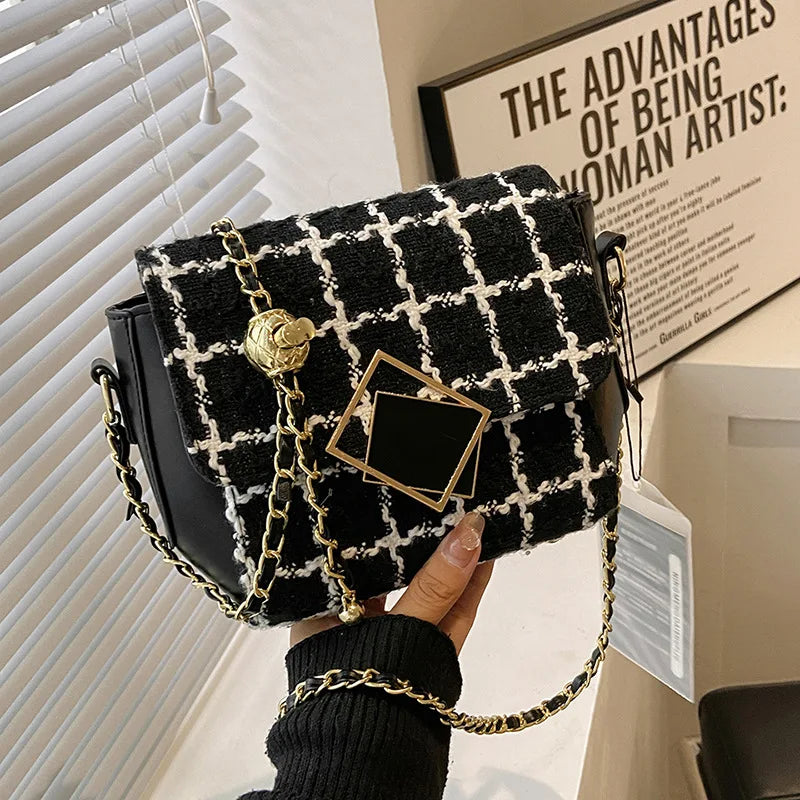 Woolen Tweed Shoulder Bag Women Chain Crossbody Winter Handbag