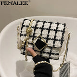 Woolen Tweed Shoulder Bag Women Chain Crossbody Winter Handbag