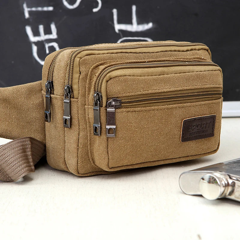 Canvas Men Waist Bag Zipper Pocket Outdoor Sports Pack