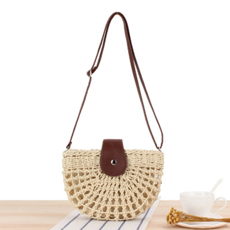 Lady Hand-Woven Straw Beach Bag One-Shoulder Casual Round Sling