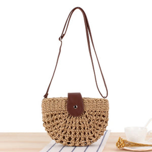 Lady Hand-Woven Straw Beach Bag One-Shoulder Casual Round Sling