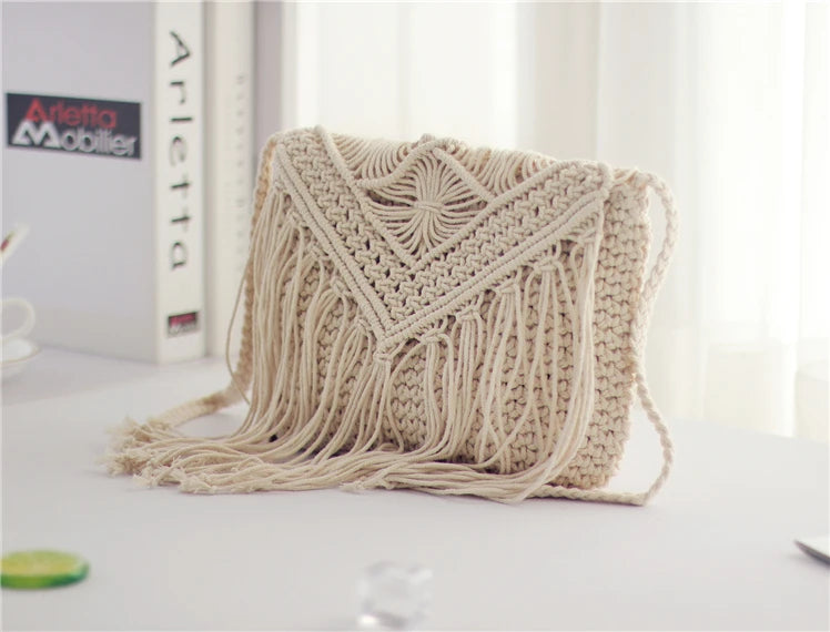 Boho Tassel Straw Beach Bag Hollow Crossbody Hand Woven Shoulder Bag