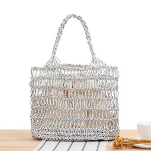 Silver Thread Crocheted Beach Bag Straw Bag Portable Vacation Leisure