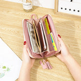Women's Long Bump Stitching Zipper Tassel Handbag Purse