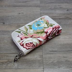 National wind embroidered long wallet double zipper purse