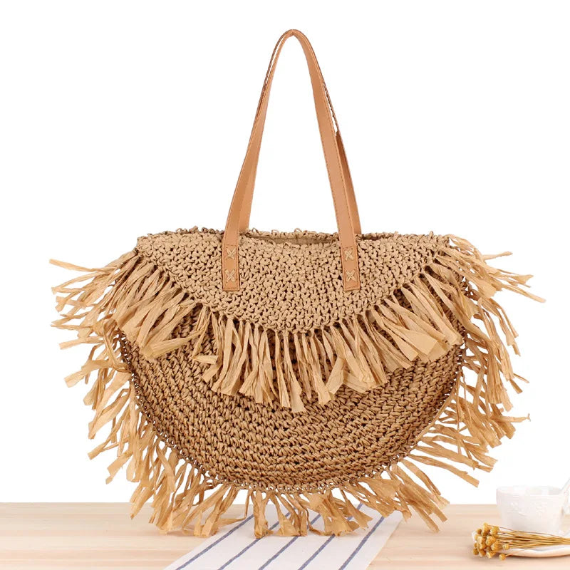 Semi-Circular Fringe Straw Beach Bag