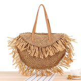 Semi-Circular Fringe Straw Beach Bag