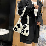 Flower Heart Print Shoulder Bag Plush Handbags Women Autumn Winter