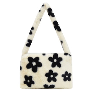 Flower Heart Print Shoulder Bag Plush Handbags Women Autumn Winter