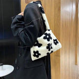 Flower Heart Print Shoulder Bag Plush Handbags Women Autumn Winter