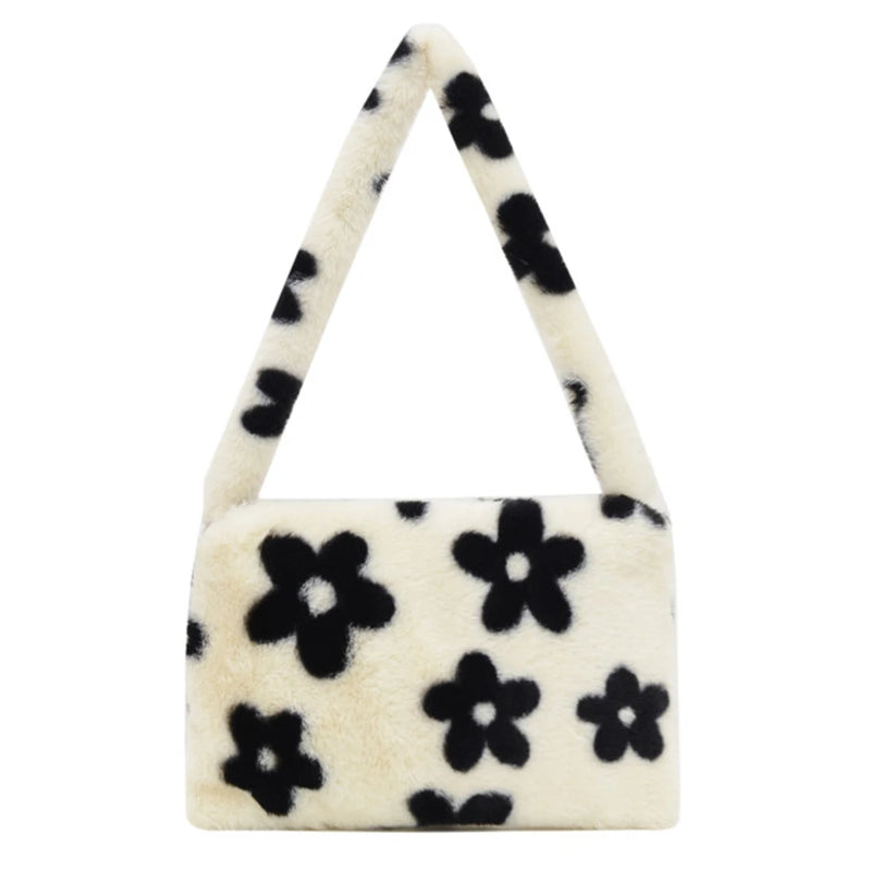 Flower Heart Print Shoulder Bag Plush Handbags Women Autumn Winter