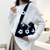 Flower Heart Print Shoulder Bag Plush Handbags Women Autumn Winter
