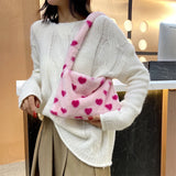 Flower Heart Print Shoulder Bag Plush Handbags Women Autumn Winter