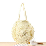 Straw Round Shoulder Bag with Hook Flower for Women