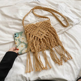 Hollow Tassel One-Shoulder Messenger Women's Bag Straw Woven Bag