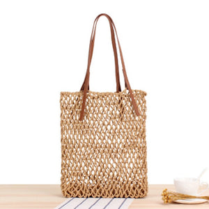 Hand-Woven Leather Bag College Wind Cotton Rope Beach Bag