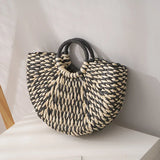Straw Round Bucket Bag Semicircle Woven Basket Rattan Handbag